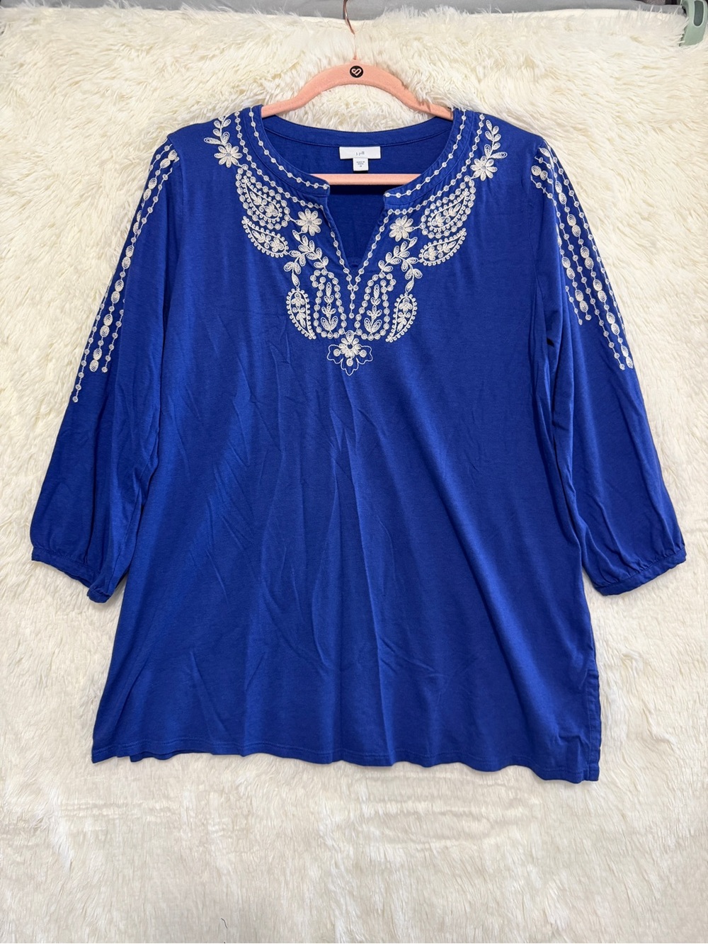 J Jill Womens Coastal Boho Chic Tunic Top Size M Blue Embroidered Peasant Beachy